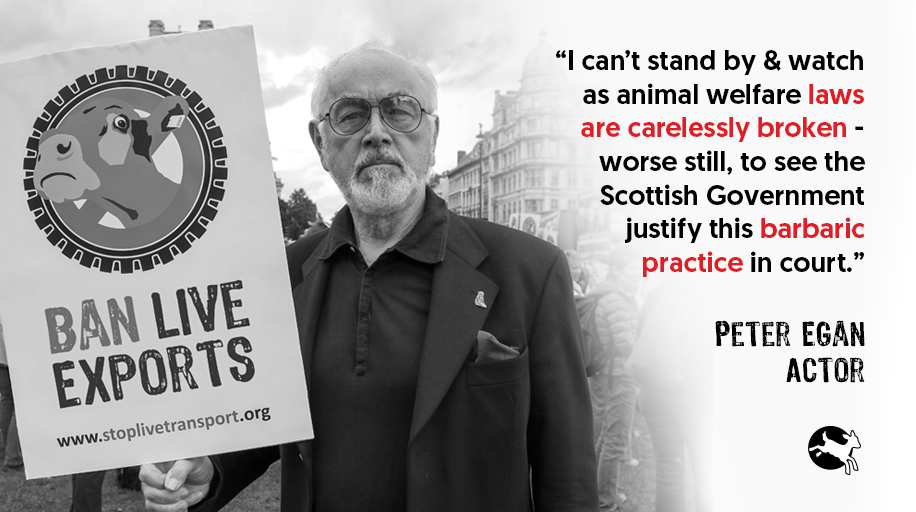 We're so grateful to have the support of our Patron <a href="/PeterEgan6/">Peter Egan</a>, as we take the Scottish Government to court.

Exporting unweaned calves is cruel and unlawful. Click on the link to demand #JusticeForCalves &amp; an end to this outdated trade: bit.ly/3clmWTG
 
#BanLiveExports