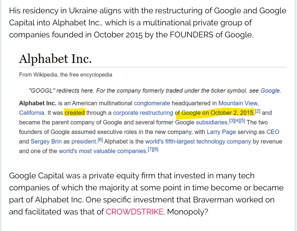 “Executive Chairman Eric Schmidt & his wife, Wendy” as reported by HEAVY” His residency in Ukraine aligns with the restructuring of Google & Google Capital into Alphabet Inc., which is a multinational private group of companies founded in October 2015 by the founders of Google.”