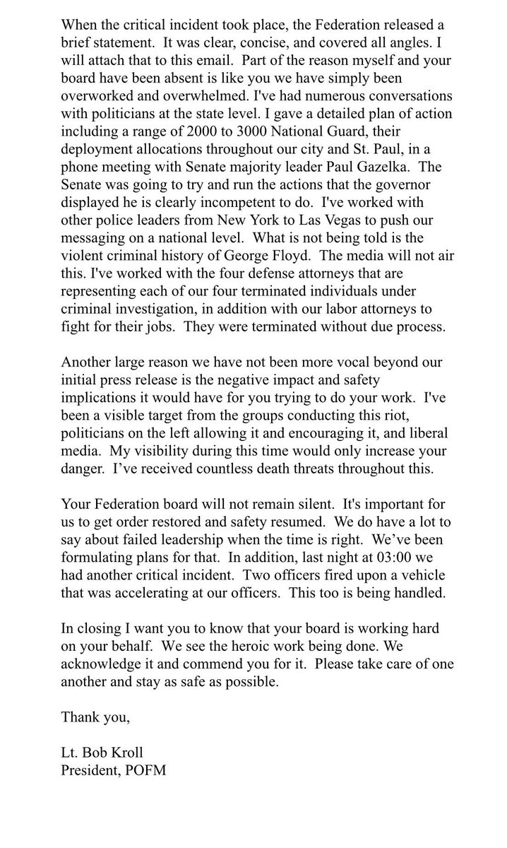 AjKFAN's tweet photo. I will continue sharing this today in hopes that all my followers take time to read this ridiculous note from Bob Kroll.

“...minimizing the size of our police force...this is what led to this record breaking riot.”

Correction sir, the murder of another human sparked this riot. https://t.co/ZFKFIF71E4