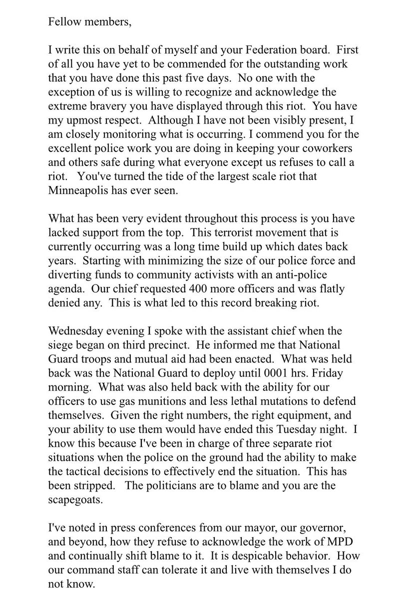 AjKFAN's tweet photo. I will continue sharing this today in hopes that all my followers take time to read this ridiculous note from Bob Kroll.

“...minimizing the size of our police force...this is what led to this record breaking riot.”

Correction sir, the murder of another human sparked this riot. https://t.co/ZFKFIF71E4