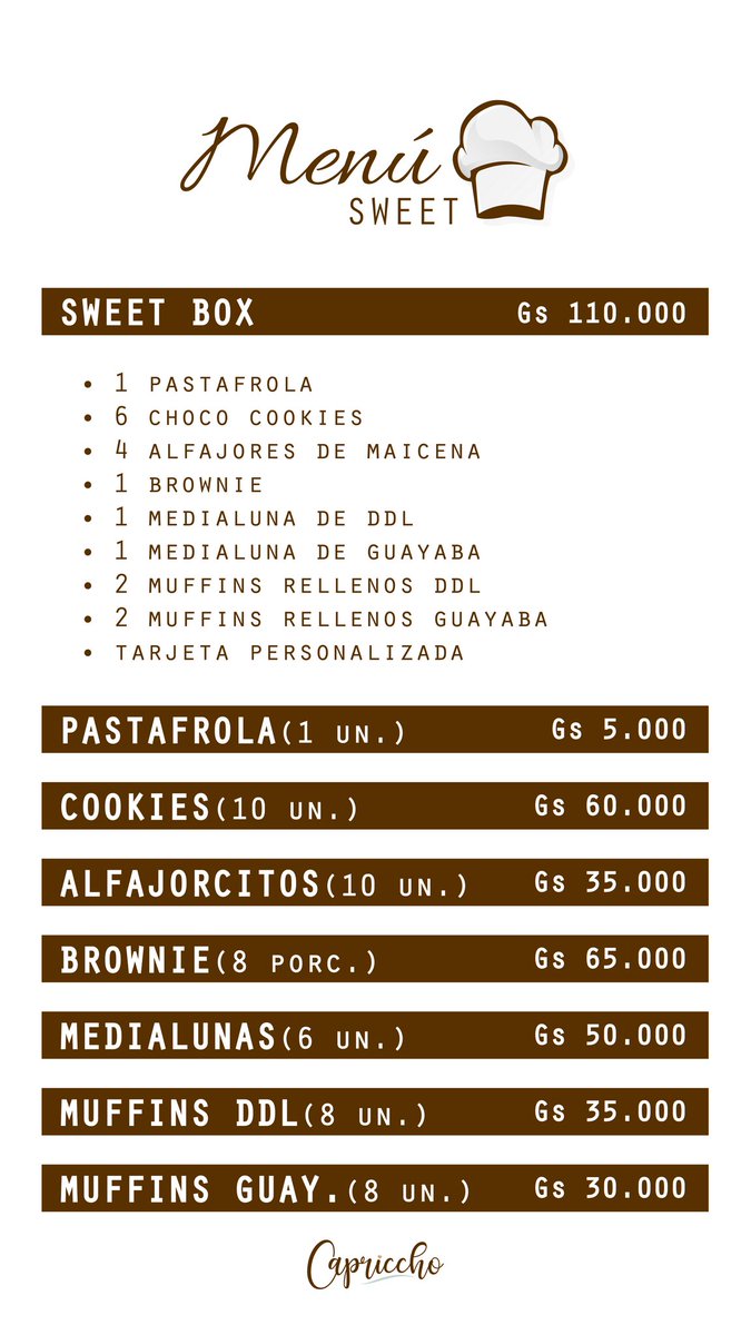 CapricchoPy's tweet image. Nuestro menú Capricchoso para que puedas cumplir tus antojos 😍🥰

♡ Recibimos pedidos al 0983 124 931 ♡