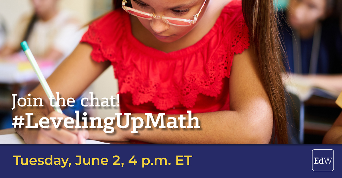 educationweek's tweet image. The #LevelingUpMath Twitter chat is tomorrow at 4 p.m. ET. Join @C_C_Mitchell, @YehCathery, and @todosmath to chat about equity in math education!
