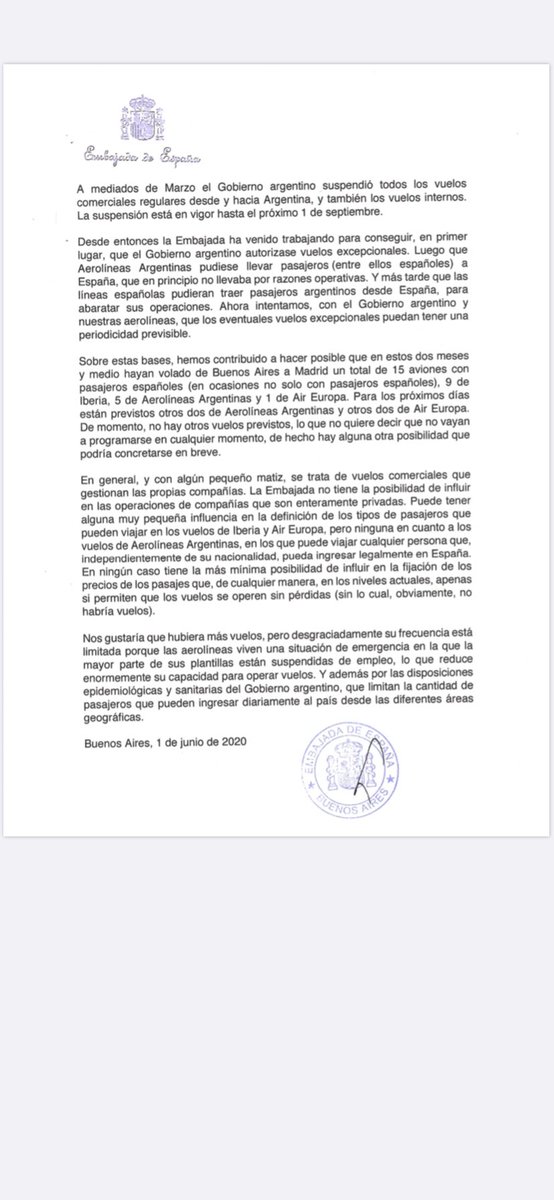 EmbEspArgentina's tweet photo. Nota informativa sobre vuelos https://t.co/HBrLXLQLsX