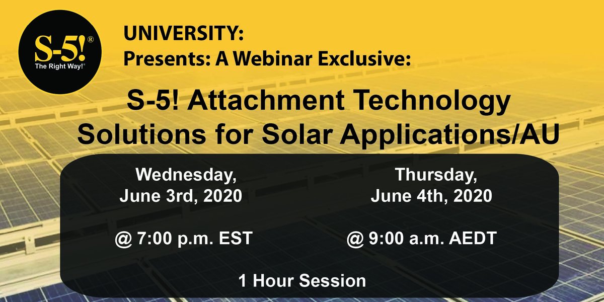S5_Attachments's tweet image. Have you registered yet? We have 3 #freewebinars you to check out THIS WEEK! Learn about the secrets of #winduplift, see a demonstration on how to perfectly install our PVKIT™ and learn about the latest @S5_Attachments #solarapplications. bit.ly/2Az32qP