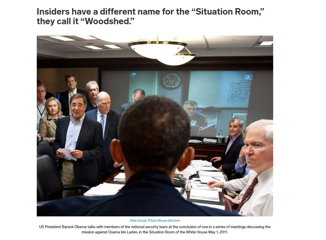 5) The "woodshed" is an insiders term for the White House Situation Room.  https://www.businessinsider.com.au/life-at-the-white-house-2015-3