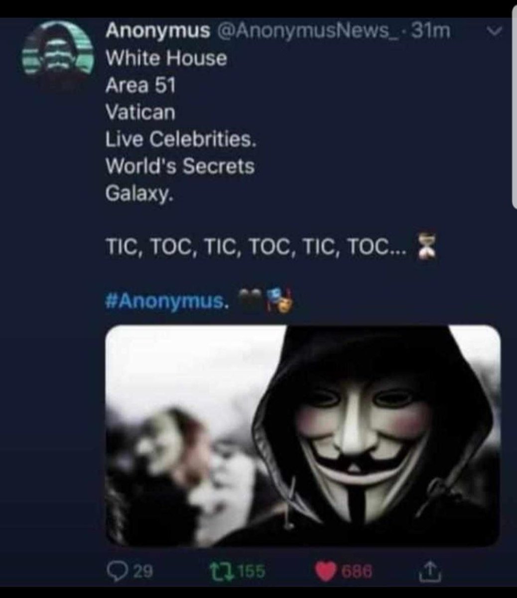 Juanca_God's tweet photo. *Me despierto y veo twitter* 
*Donal trump se refugio en el búnker
*Se filtra llamada de Michael Jackson diciendo que lo van a matar
*Lady dy la mataron
*paul Walker lo mataron
*atacan la Casa Blanca
*revelan violaciones del Vaticano
*M.J esta vivo 
#anonymus #Area51 #Anonymuos https://t.co/z4Dn6dR7yB