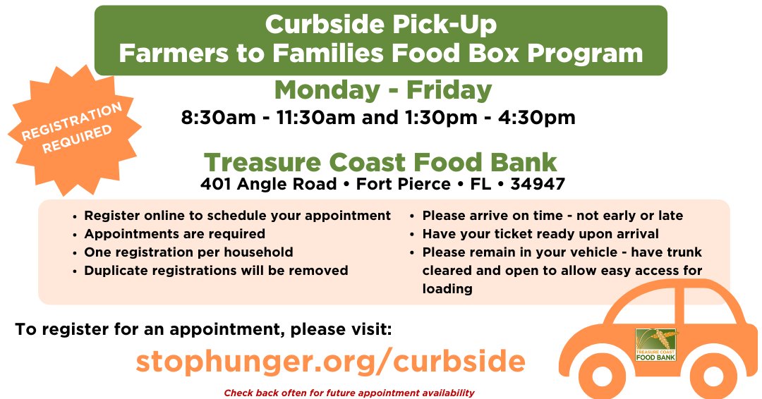 Curbside Pick-Up Farmers to Families Food Box Program registration for this week is now open! If you are in need of food, make an appointment to receive a box of produce, milk, &amp; snack pack. One per household. **Duplicate registrations will be removed.** stophunger.org/curbside
