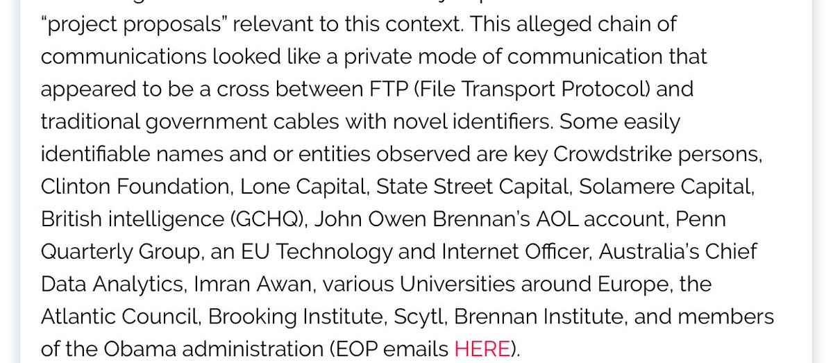 “...This alleged chain of communications looked like a private mode of communication that appeared to cross between FTP (File Transport Protocol) & traditional government cables with novel identifiers. Some easily identifiable names & or entities observed are key Crowdstrike...