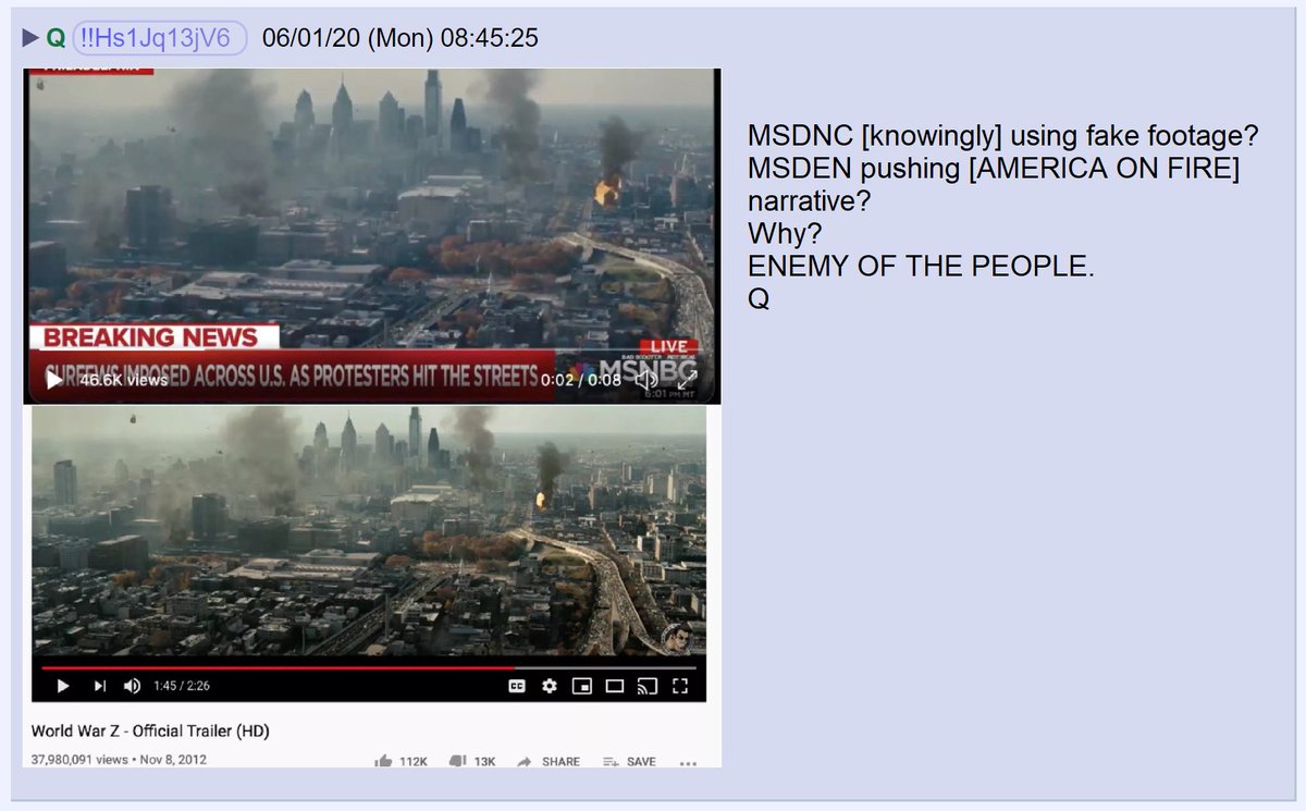 11) Q posted a screenshot that appeared to show MSNBC using footage from a film as if it were a live news event