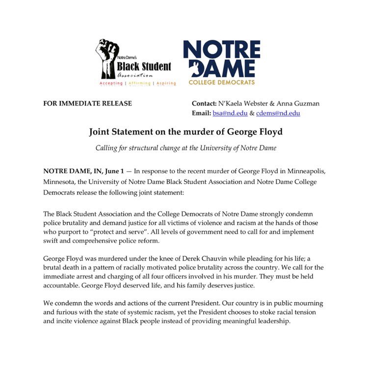 BSAofND's tweet photo. Our joint statement with @NDCollegeDems on racial justice. https://t.co/kJhp3SHWnk