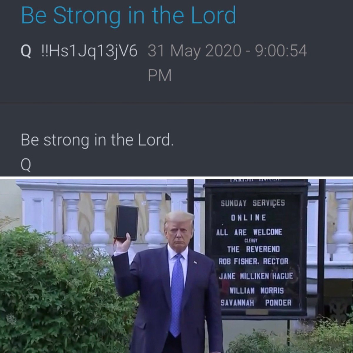 “We have a great Country that’s my thoughts. The greatest Country in the world. We’re going to make it even greater. It won’t take long. It’s coming back strong. It will be greater than ever before.”
https://t.co/uiRm4fRq8t
President Trump at St. John’s church.
@realDonaldTrump https://t.co/funR64HOTj