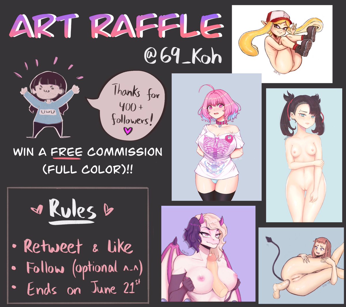 69_koh's tweet photo. Hello! ^-^ I’m doing an art raffle! Thnx for 400 followers 🥺🥺

⭐️Nsfw or sfw (ur choice) 
⭐️Retweet and like owo
⭐️[Optional] Follow ^_^ 
⭐️Ends June 21 https://t.co/p2519GyyT6