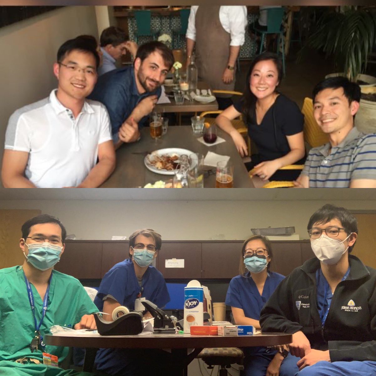 (Top) June 2019 finishing residency and wondering what being a GI fellow will be like over happy hour ➡️ (Bottom) June 2020 on our last month of first year of fellowship together. Couldn’t have survived this year without these guys ♥️😎
