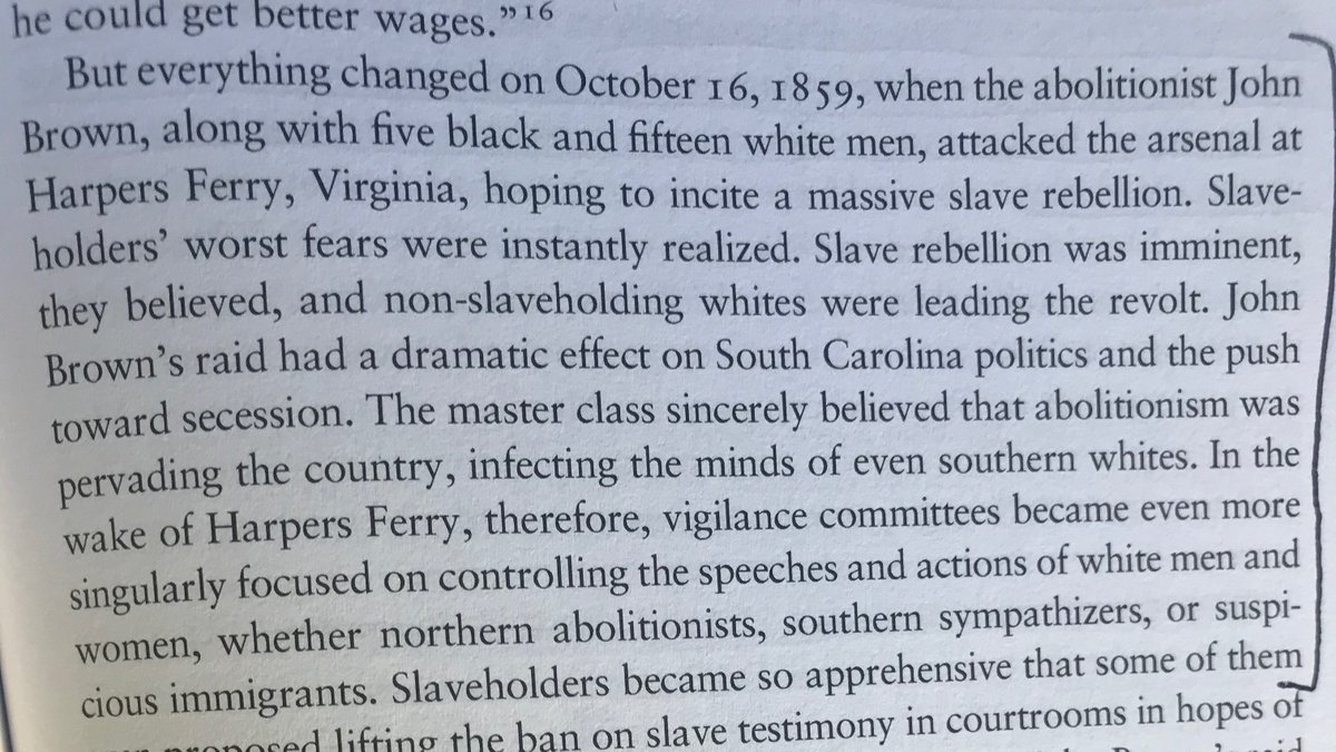 After the attack on Harpers Ferry, Southern elites – terrified of poor whites and black slaves banding together against them – began to raise the alarm about abolitionist "incendiaries" and other "suspicious whites" in their midst and soon formed patrols and laws to target them.