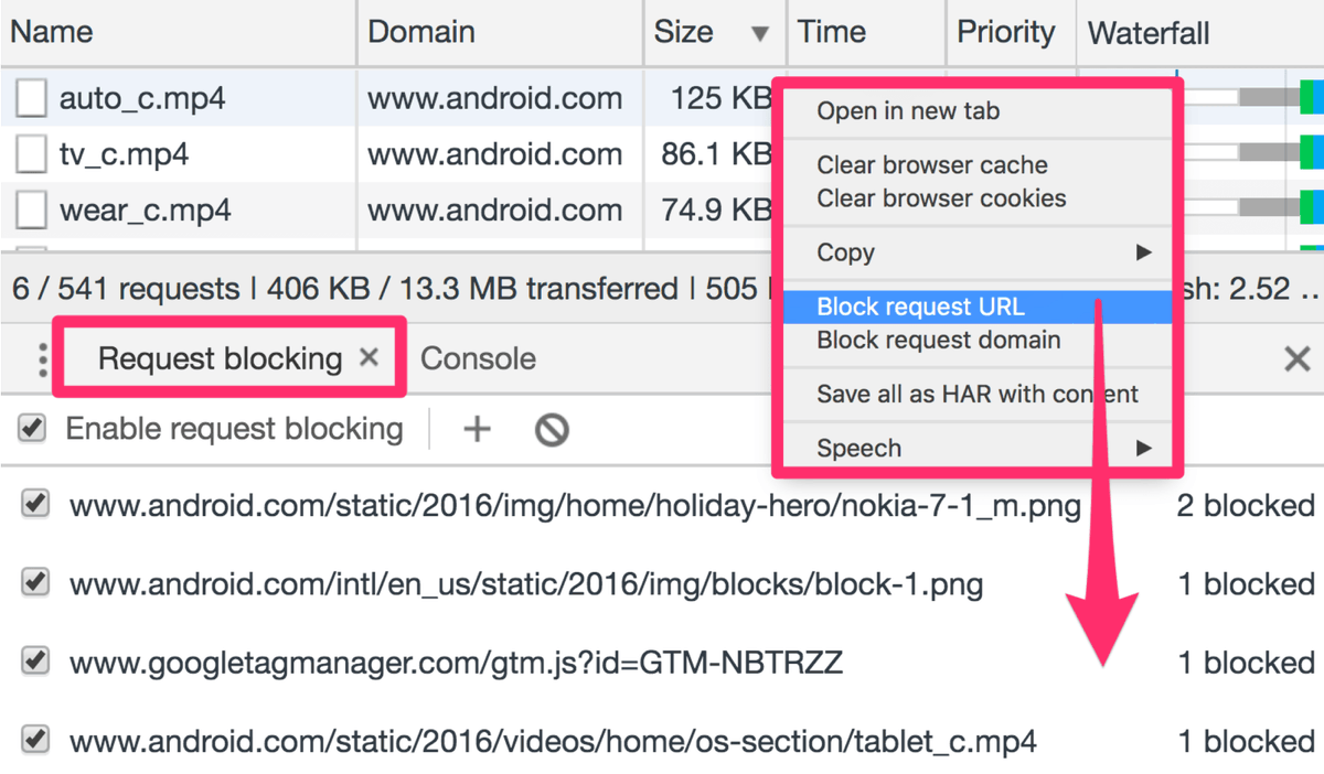 Tip: <a href="/ChromeDevTools/">Chrome DevTools</a> supports Network request blocking. Block URLs &amp; domains to measure their impact on your site.

DevTools > top-right menu > More > Request blocking