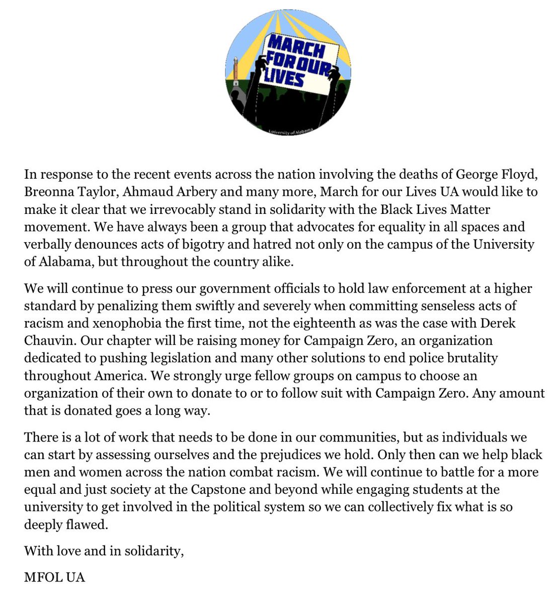 March For Our Lives UA stands irrevocably with the Black Lives Matter Movement. Attached is our full statement on recent events. There will be a fundraiser on our Instagram story tomorrow to benefit Campaign Zero!