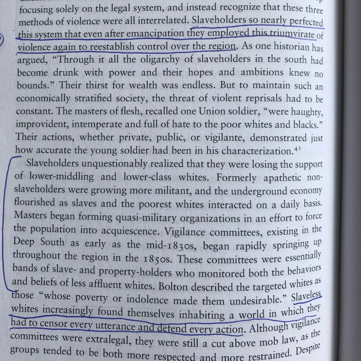 With their repressive measures nominally aimed at white outsider “incendiaries,” slave holding elites were largely successful in disrupting future solidarity between rebellious poor whites and black slaves and laid the groundwork for the vigilante brutality of the Jim Crow era.