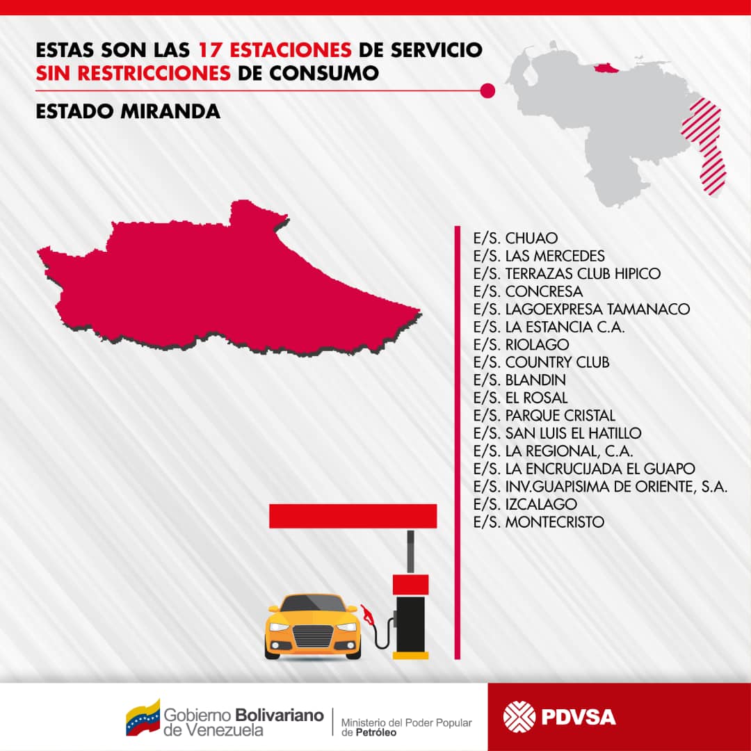 PDVSA's tweet photo. 🇻🇪⛽️ Estas son las Estaciones de Servicio sin restricciones de consumo de combustible en:
📍Miranda. 
📍Bolívar.
📍Carabobo.
📍Aragua. https://t.co/0m1ixmy3xV