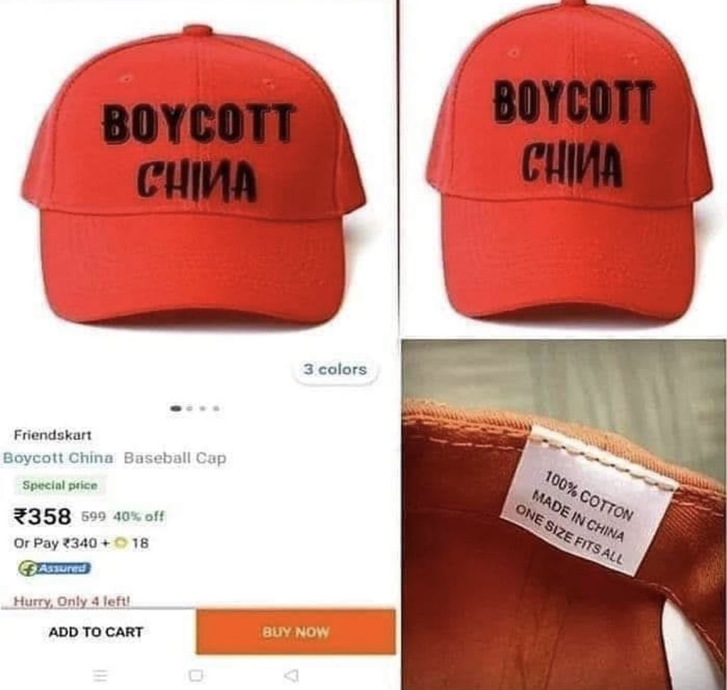 Indians boycotting China be like 🙃
#BoycottChineseProducts 
#indiaunite