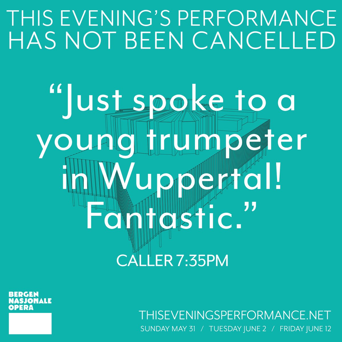 ThisEvesPerf's tweet photo. Join us - Tues 6th &amp; Fri 12th June
7:30-9:30pm CET / 6:30-8:30 BST
presented by @bergenopera 
THIS EVENING'S PERFORMANCE
find your local number here >
https://t.co/uHou2uM8Gw
#isolationopera
#operabyphone
#thiseveningsperformance
#notcancelled
#iloveopera
#iloveclassicalmusic https://t.co/ROT2mwCW78
