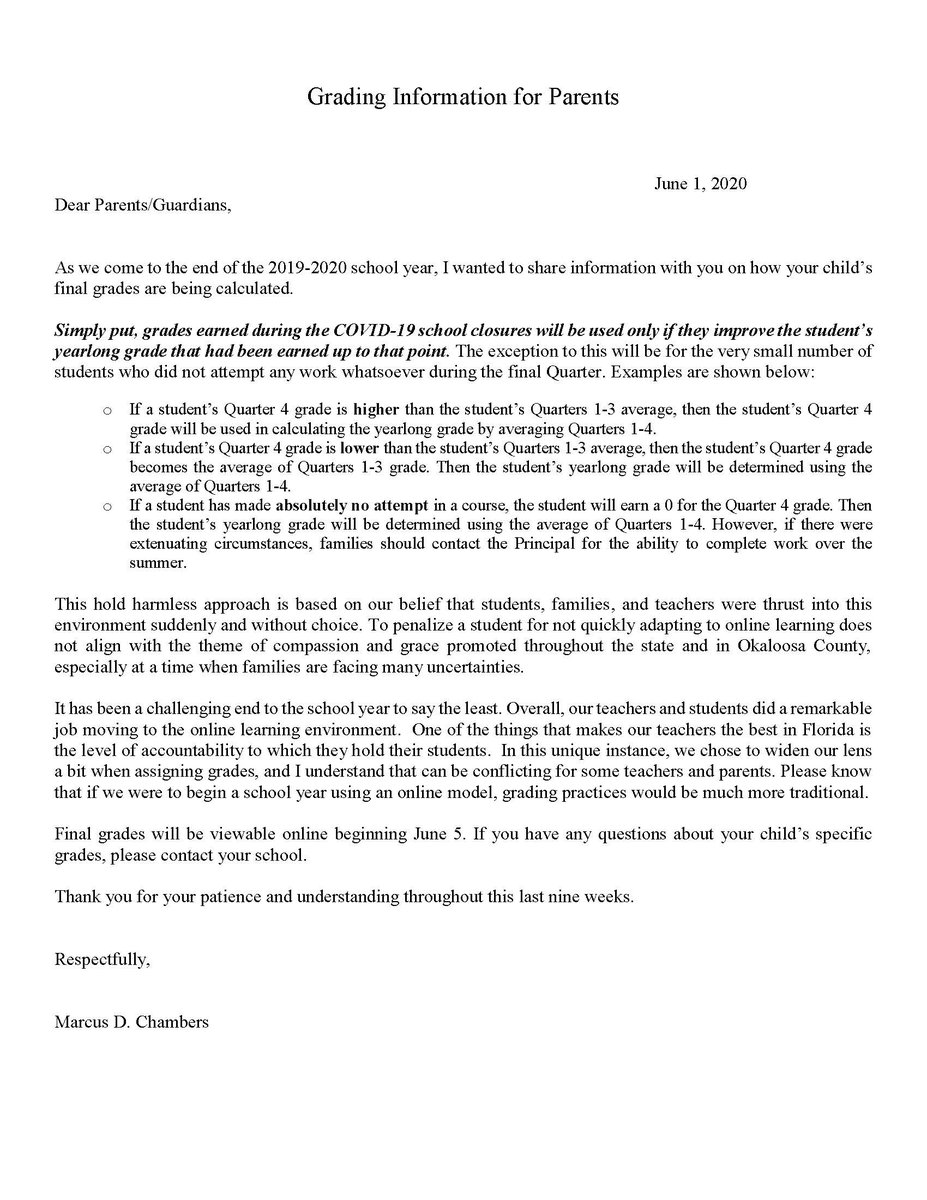Message from the Superintendent Chambers on Final Grading for SY2019-2020