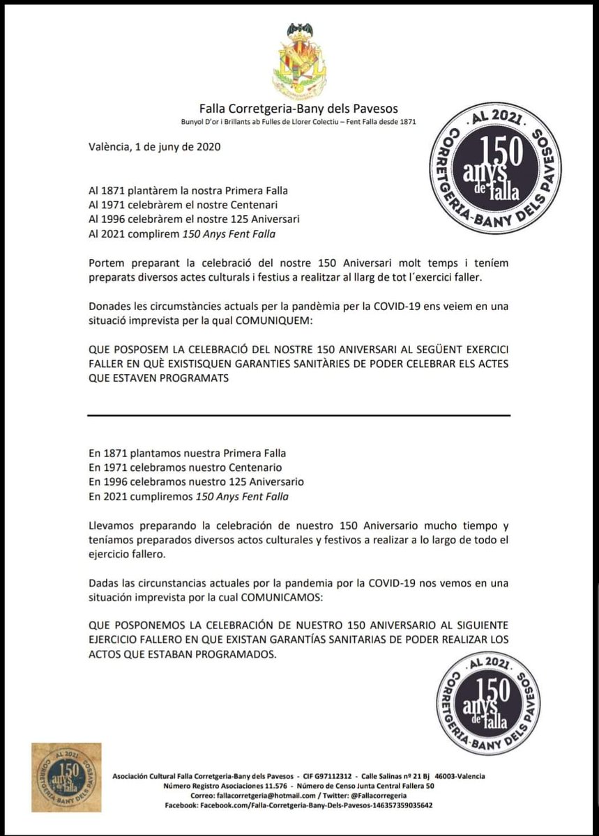 FallaCorregeria's tweet image. Adjuntamos comunicado de nuestro Presidente con noticias actuales sobre la celebración de nuestro 150 aniversario
#Fallas