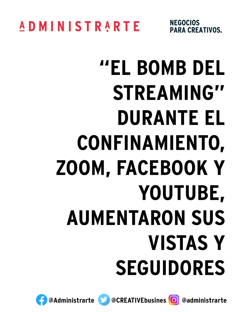 CREATIVEbusines's tweet photo. "El Boom del Streaming", Facebook, Zoom y Youtube,  las plataformas que han reportado incrementos considerables en ganancias, vistas y seguidores #economíadigital #streaming https://t.co/r0KpHp6HTw