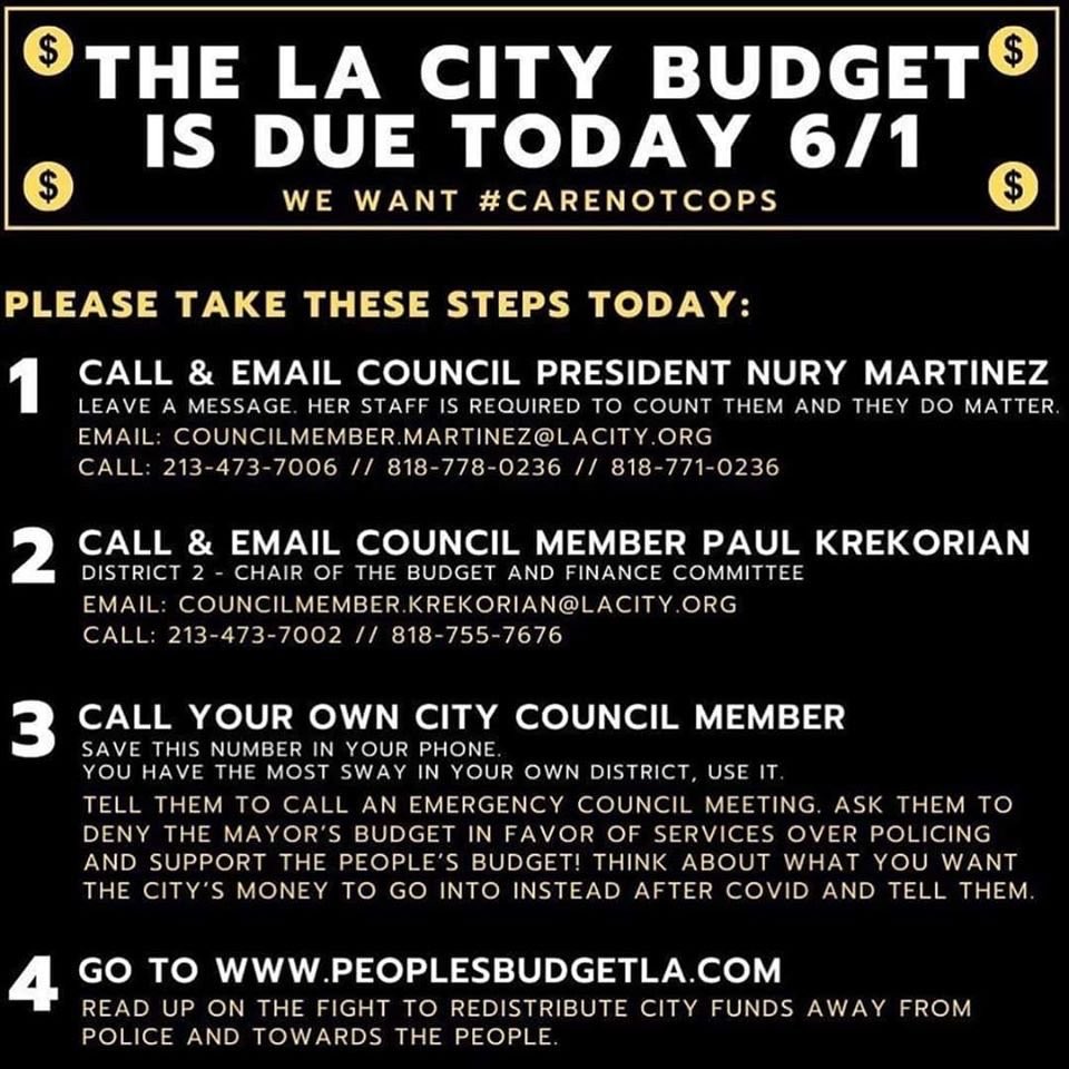 LA -the city council must take action TODAY on the mayor’s proposed budget. here’s a google doc with the emails of the council members &amp; a template to send, urging them to act and support the people’s budget:  docs.google.com/document/d/1WU… IT ONLY TAKES A FEW MINUTES TO SEND AN EMAIL!