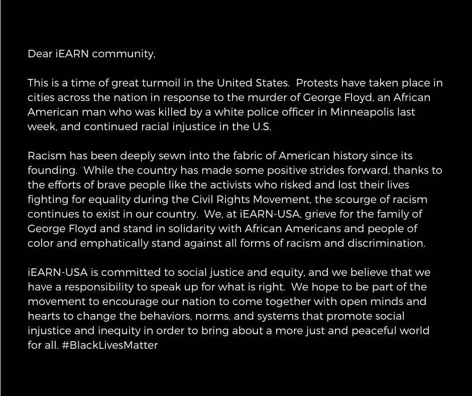 iEARNUSA's tweet photo. A message from our Executive Director Stefanie Ortiz-Cidlik to the iEARN community. #BlackLivesMatter https://t.co/apnbPwFMr1