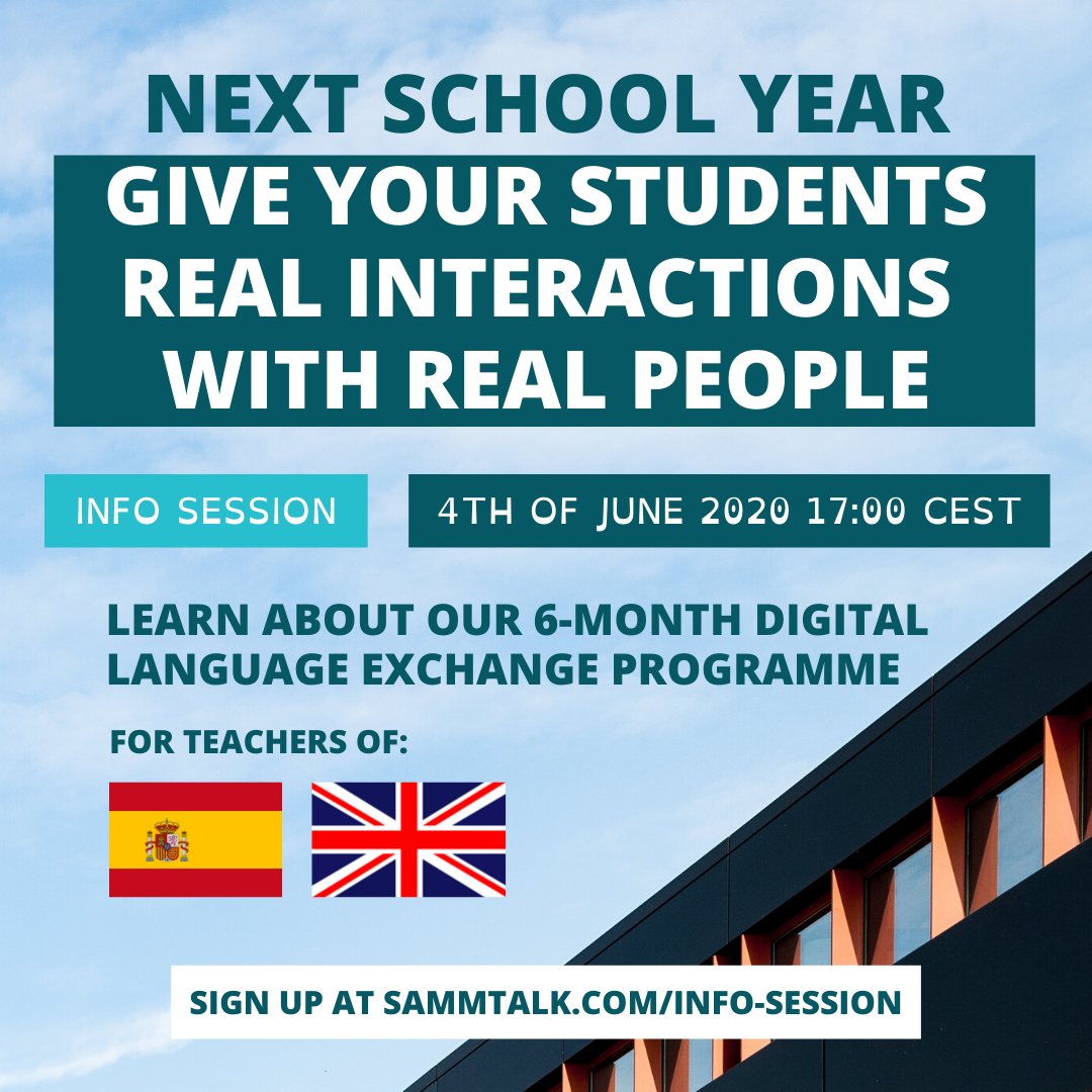 sammtalk's tweet photo. Sign up ASAP for our information session this Thursday 1st of June!
https://t.co/bAa0ikO9zW
 #MFLchat #englishteacher #spanishteacher #languageexchange #mflteacher https://t.co/Xgf2wK7FYq