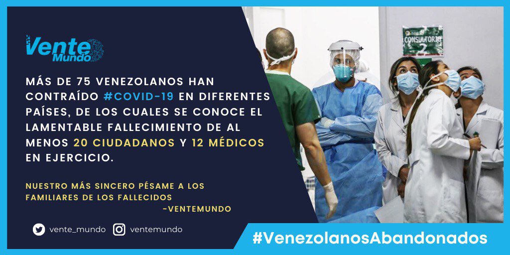 FabioLValentini's tweet photo. Más de 75 venezolanos han contraído el #coronavirus en el exterior. Aprox. 20 han fallecido y 12 de ellos fueron médicos en ejercicio.
Lejos de casa, bajo una pandemia, aún siguen viviendo la pesadilla chavista.
La solución es acabar con el sistema criminal #Art187 #11
#1Jun https://t.co/GD1O8ukfy8