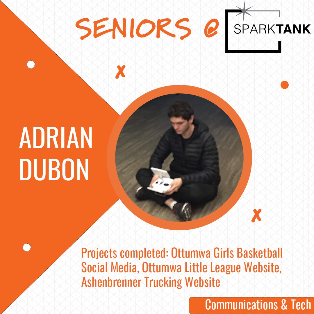 spark_tank's tweet photo. Adrian dived into the world of media by taking pictures for @OttumwaGBB Twitter feed, flying the drone for a video, and developing two websites. Adrian, you have an inner knack for problem solving through dedicated research and a skill for clearly presenting your findings. https://t.co/ecAW0O1nc0
