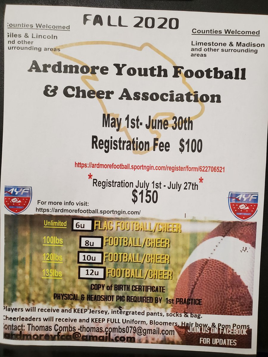 Registration fee is $100 NOW until June 30th. July 1st Registration goes back to $150
 Registration fees are not due until the FIRST day of practice July 27th. 
 buff.ly/2ZYd0wT