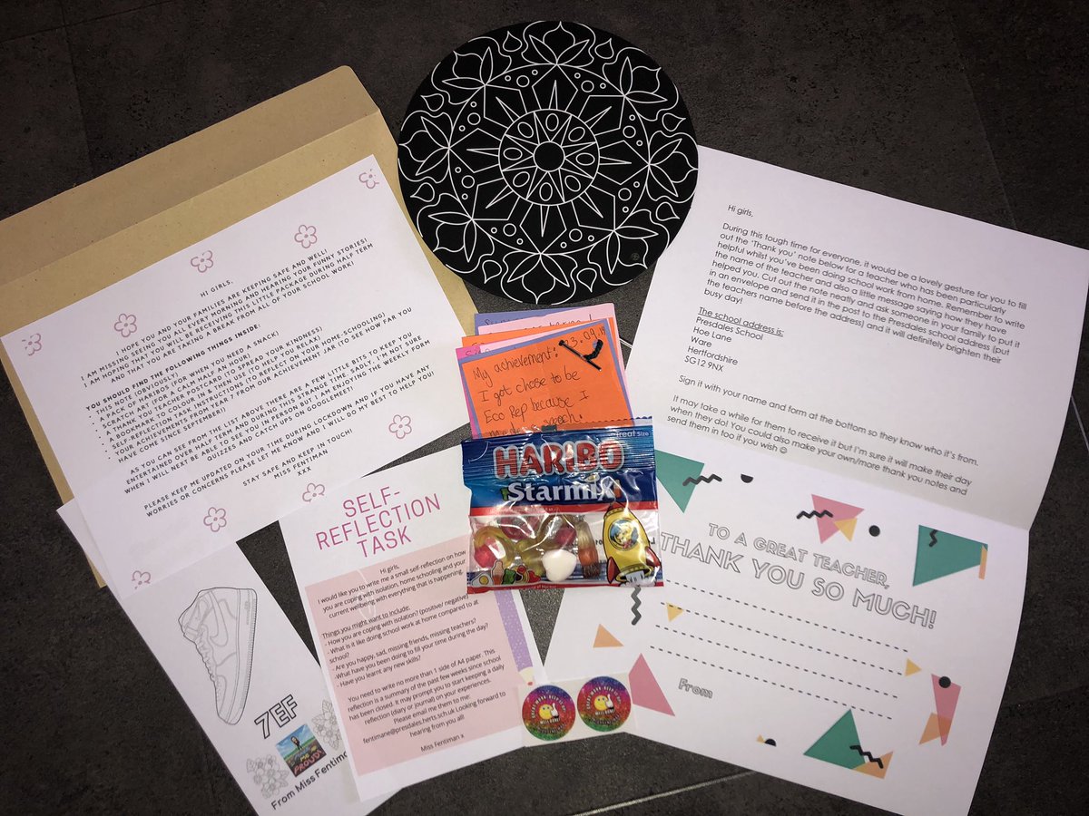 MissFentimanPE's tweet photo. During half term I sent each member of my form some post cheer them up! I included a message, a colour-in bookmark, a self-reflection task, sweets, stickers, scratch art, a thankyou teacher postcard to send on & their individual achievements from our y7 achievement jar! 👩🏽🏫🤩 #7EF https://t.co/Ca03pRJLLx