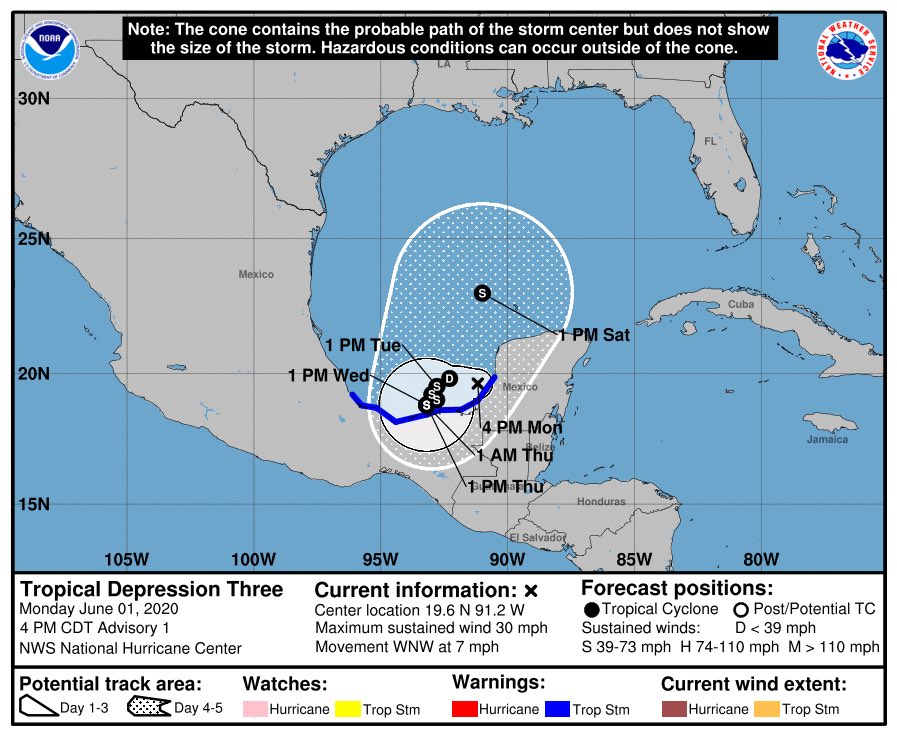 CollinGrossWx's tweet photo. JUST IN: Forecast track of newly developed Tropical Depression Three in the southwest Gulf of Mexico. Expected to strengthen into Tropical Storm #Crystobal as it moves north towards the Gulf Coast this weekend. https://t.co/ylwQ7cKIm6