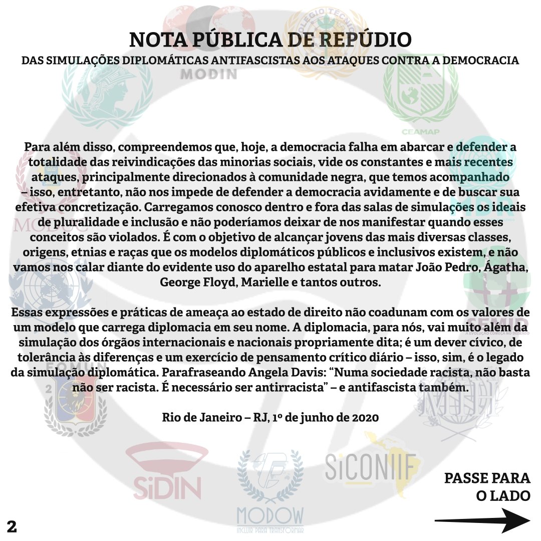 SiDINiteroi's tweet photo. NOTA PÚBLICA DE REPÚDIO DAS SIMULAÇÕES DIPLOMÁTICAS ANTIFASCISTAS AOS ATAQUES CONTRA A DEMOCRACIA https://t.co/RRFSBTd4Le