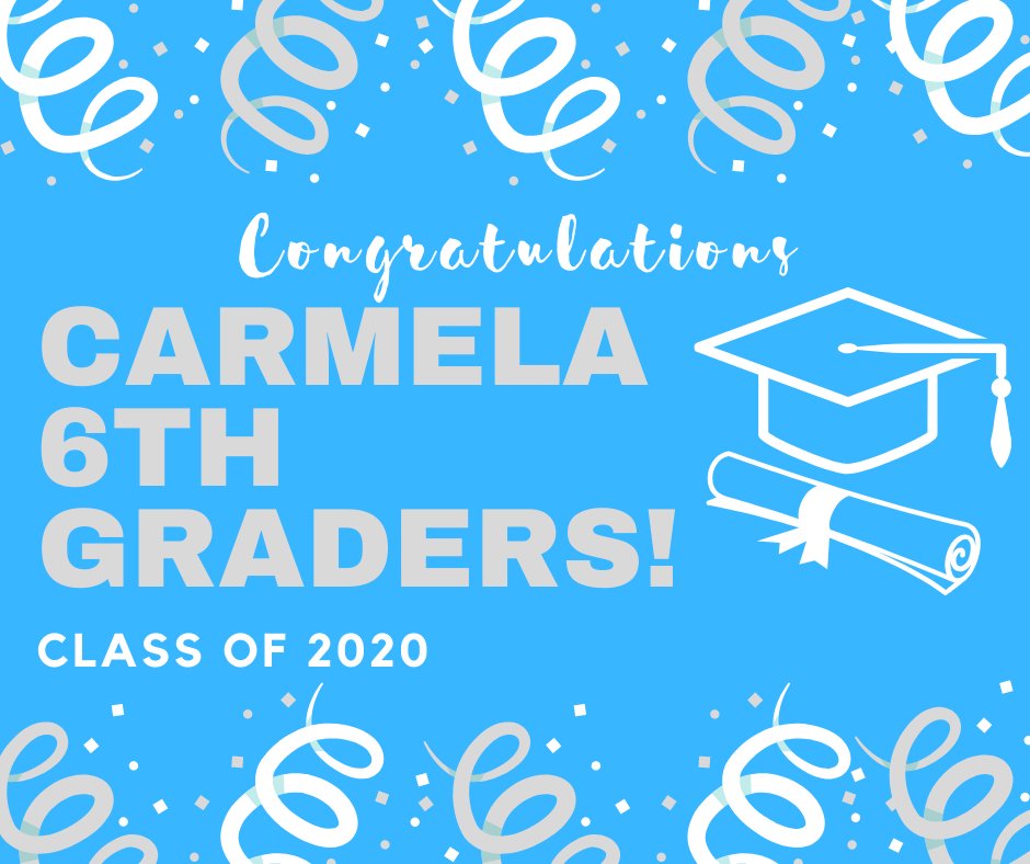 SouthWhittierSD's tweet photo. Congratulations to all of our wonderful Carmela 6th graders! 🎉
.
SWSD is so proud of you and are excited to see what you will accomplish in middle school.
.
Congrats class of 2020! 🎓 #swsd #successforeverystudent https://t.co/nU8dZjWzly