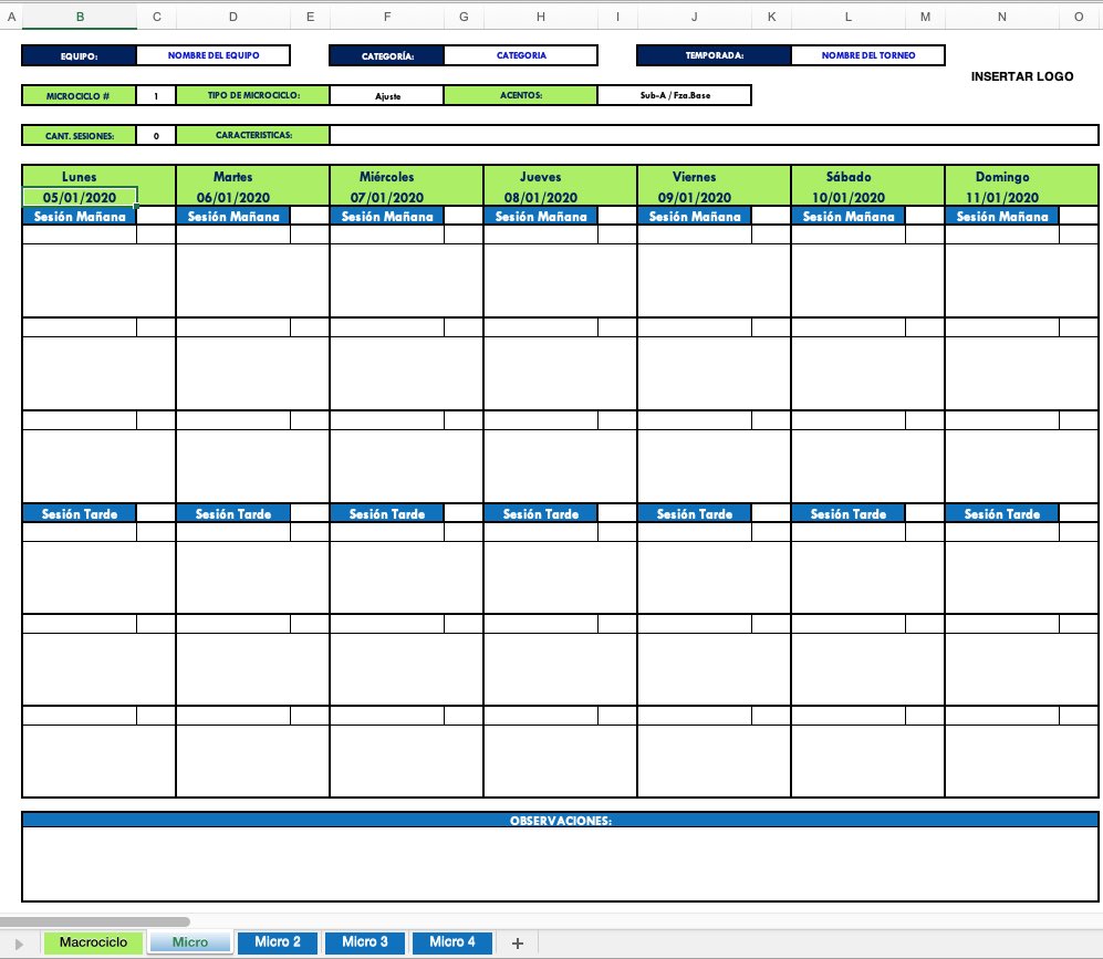 🗂MANAGERS HERRAMIENTAS
L📂Planificación
    L📂Archivos Excel - Numbers
        L 📊 Plantillas - Micro ciclos 

Hoja de Cálculo automatizada con múltiples funciones:
- Macro Ciclo
- Micro Ciclo
- Control de Carga 
- Sesiones diarias de entrenamiento