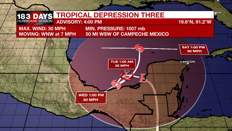 Here's the track on TD 3. Expected to sit in the Bay of Campeche, then make a track to the north into the central Gulf by the weekend. Plenty of uncertainty remains. #LAwx