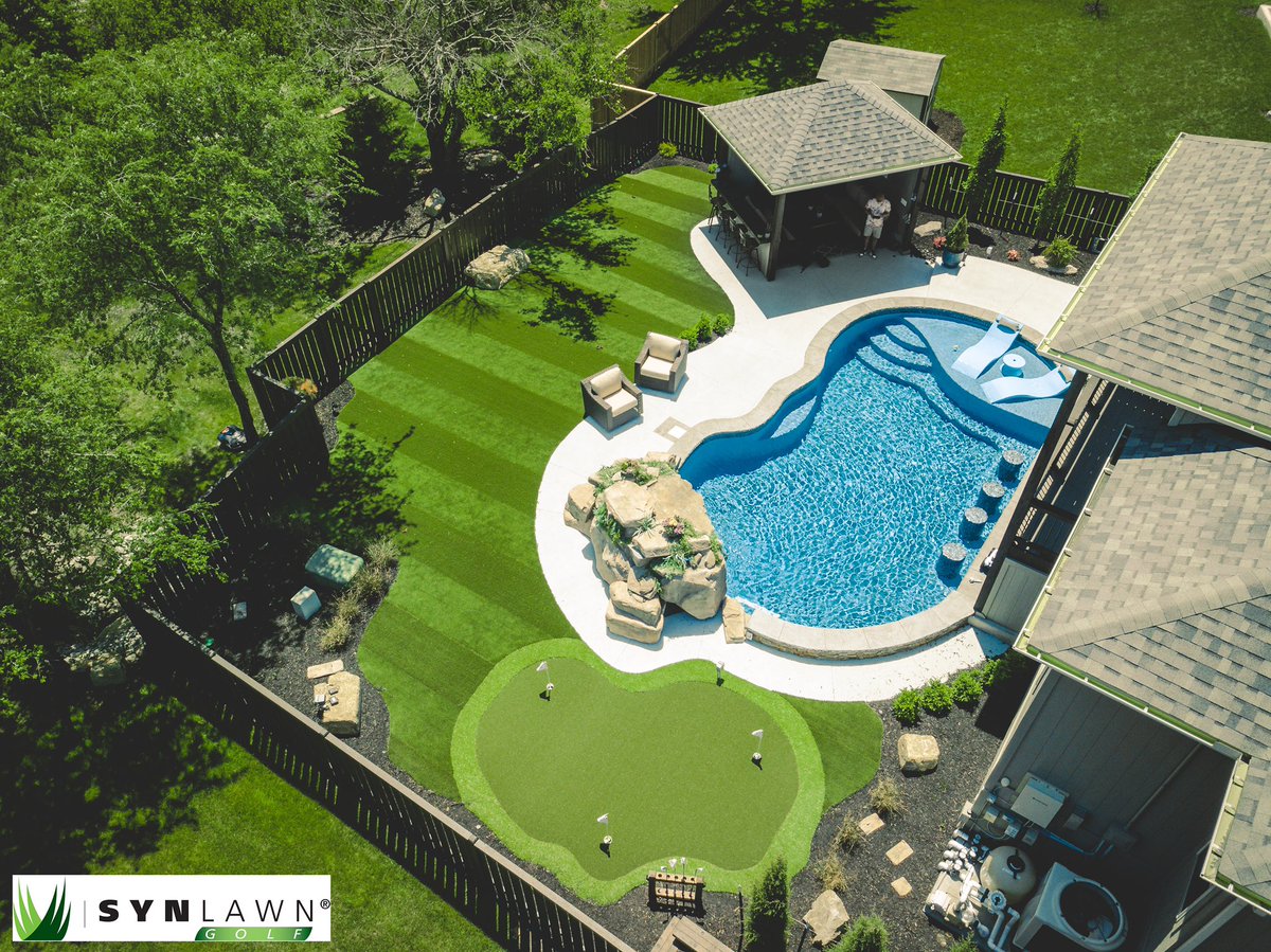 Turfetc's tweet image. This showpiece backyard has striped @synlawn SYNAugustine X47 in the yard and a putting green. Call us today for your free estimate, 816-886-2747. #synlawn #golfisback  #golf