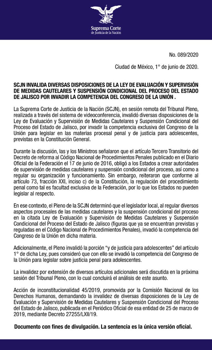 SCJN's tweet image. Inválidas las disposiciones que regulan diversos aspectos procesales de las medidas cautelares y la suspensión condicional del proceso de la ley en la materia del Estado de Jalisco, por invadir la competencia exclusiva del Congreso de la Unión para regular el procedimiento penal.