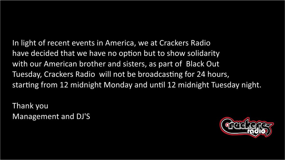 We stand in solidarity on Black Out Tuesday, Black Lives Matter, we will be having a total blackout and not broadcasting at all from midnight Monday.  #BlackLivesMatterUK #BlackOutTuesday #JusticeForGeorgeFloyd #BlackLivesMatterLA #justice
