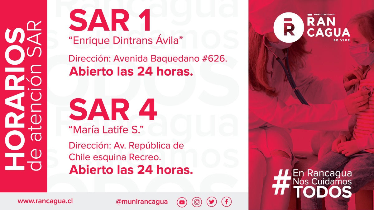 📌Conoce los horarios de atención de nuestros SAPU y SAR durante la semana. Recuerda asistir solo en casos estrictamente necesarios. #EnRancaguaNosCuidamosTodos 😷