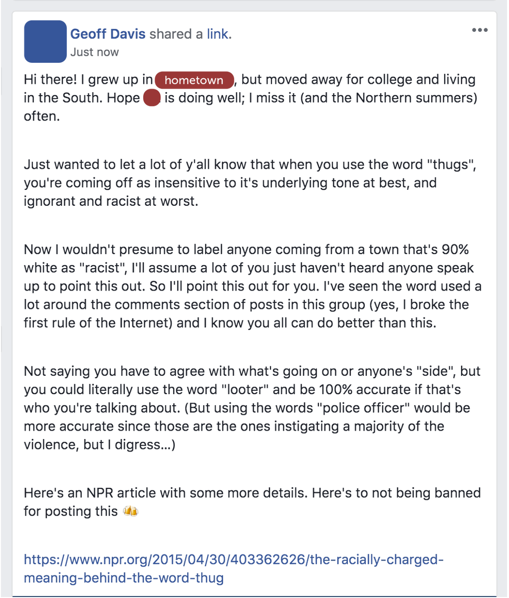 Photo of a Facebook post made by Geoff Davis to a private Facebook group, calling out the usage of the phrase "thug" as racist.