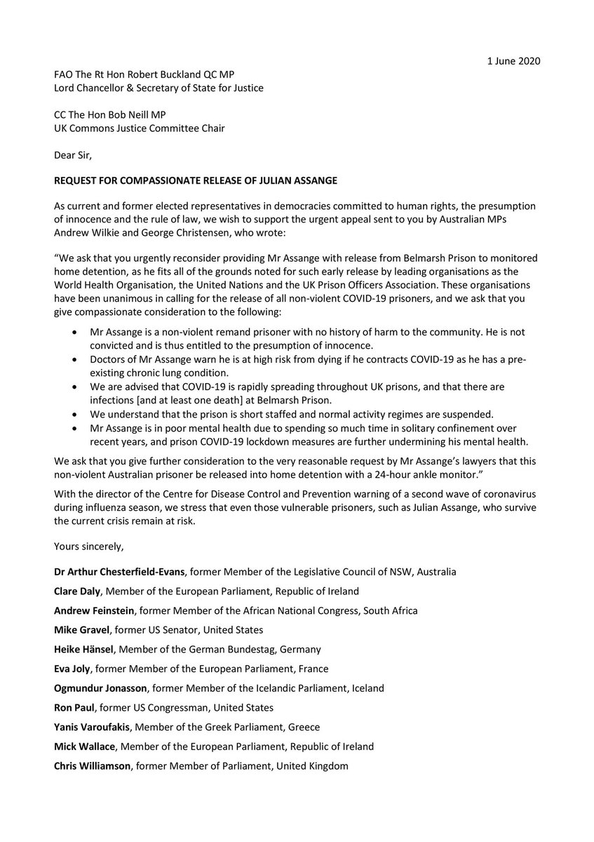 Doctors4Assange's tweet photo. Transnational support from current &amp; former elected representatives for humanitarian appeal of Andrew @WilkieMP &amp; George Christensen MP for Assange’s release, suffering solitary &amp; medically compromised in Belmarsh amid COVID-19 pandemic.
Letter sent today:
https://t.co/iwoPmeapqM https://t.co/qivThq8Dcj