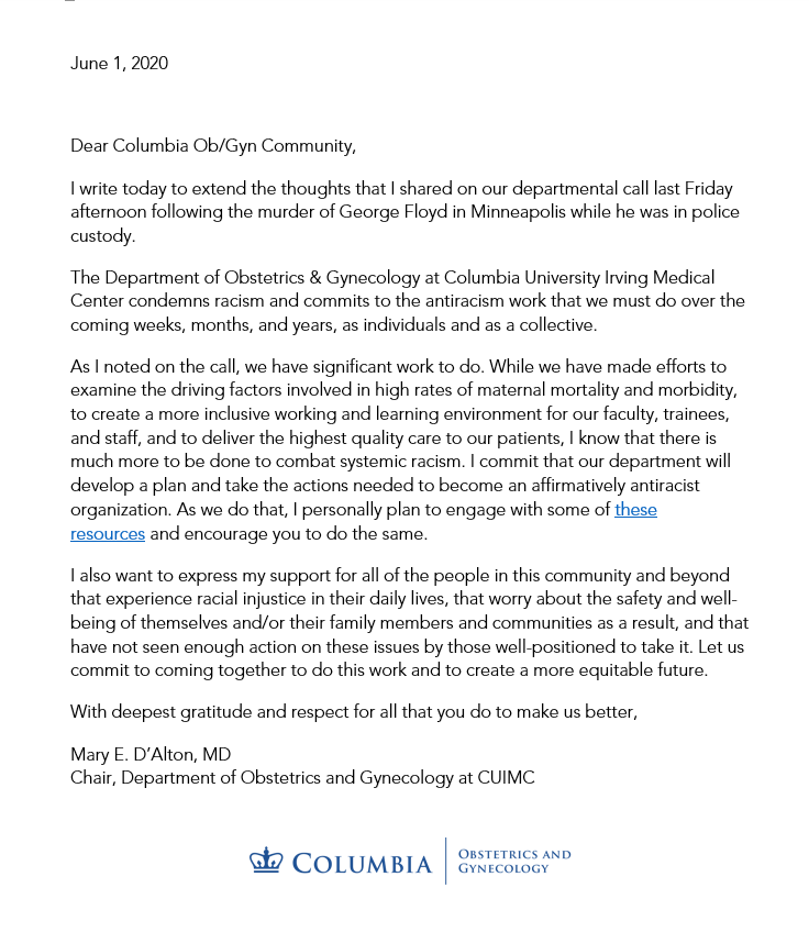 ColumbiaOBGYN's tweet photo. Columbia Women's Health condemns racism and commits to taking action to become an affirmatively antiracist department. Learn more: https://t.co/4krFt1YkqN https://t.co/rDZzicW2aa