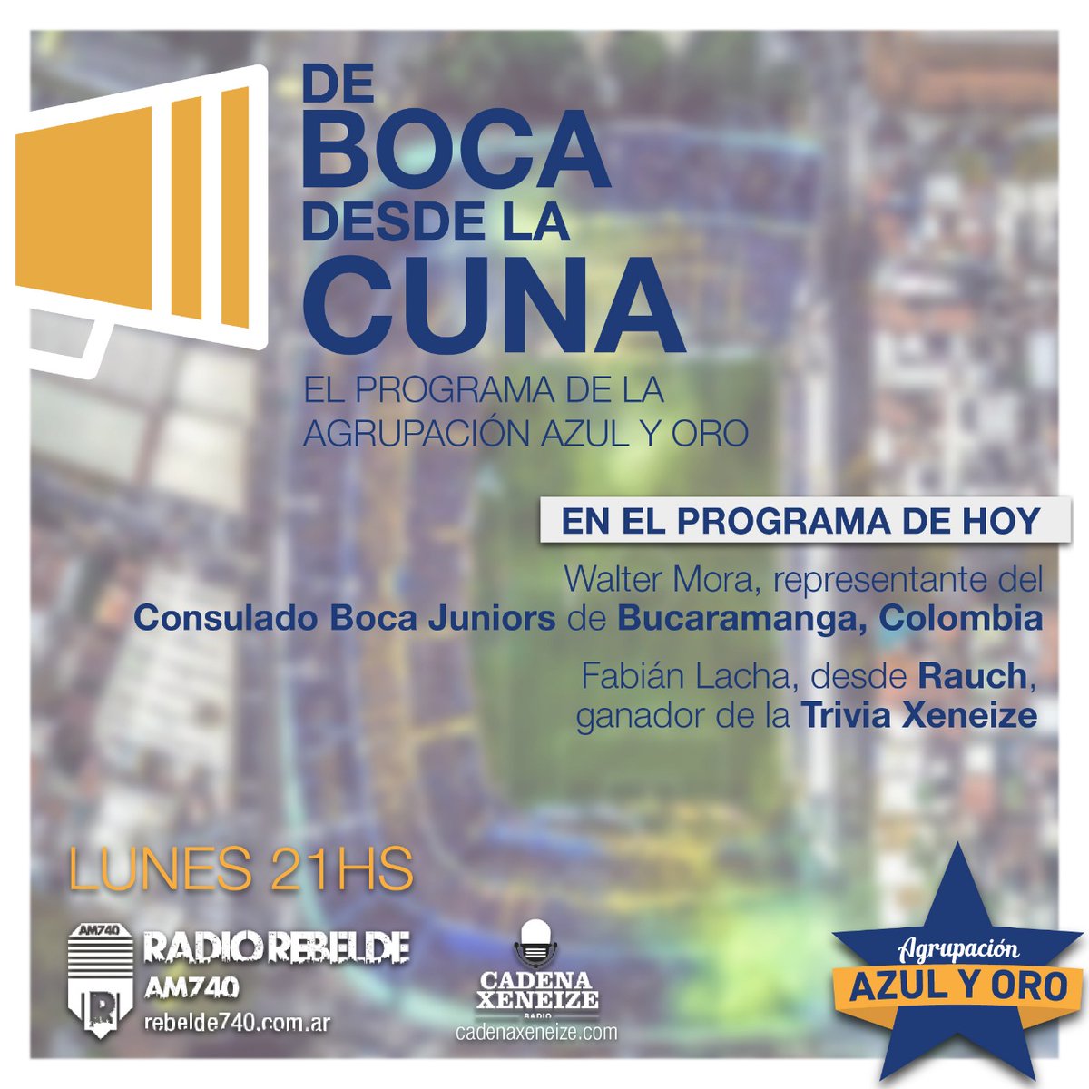 AzulyOroook's tweet photo. Hoy a las 21 Hs en “De Boca desde la cuna” les traemos toda la actualidad del xeneize y recibimos Walter Mora del Consulado Boca Juniors de Bucaramanga, Colombia y al ganador de la #triviaxeneize Fabián Lacha desde Rauch, escuchanos en AM 740 Radio Rebelde, lxs esperamos! https://t.co/c7k8btqzoL