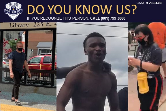 slcpd's tweet image. We need to identify the 3 individuals below. We would like to question the two on the left for the theft of items from a police vehicle, and the individual on the right for setting a police vehicle on fire. If you have any information please call 801-799-3000 case 20-94360