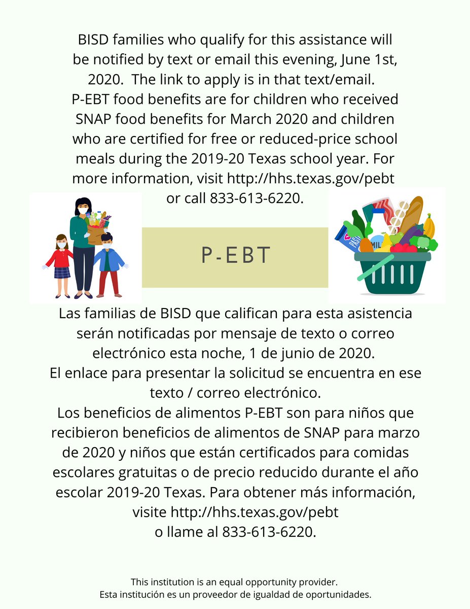 BrazosportISD's tweet photo. Information will be going out tonight through the SchoolMessenger system to notify families who qualify for P-EBT. That text/email will have the link you use to apply. If you do not receive that notification and you feel you may qualify, please email rarthur@brazosportisd.net https://t.co/UAfSBdcwqw