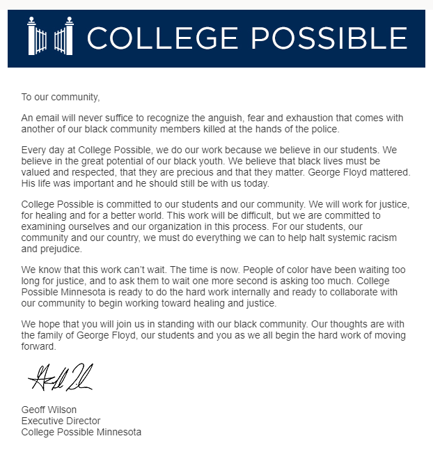 CollPossibleMN's tweet photo. A message from College Possible Minnesota Executive Director Geoff Wilson. https://t.co/wtZHEOpbOM